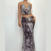 Flower print contrast cowl neck ruched cross back backless midi skirt set